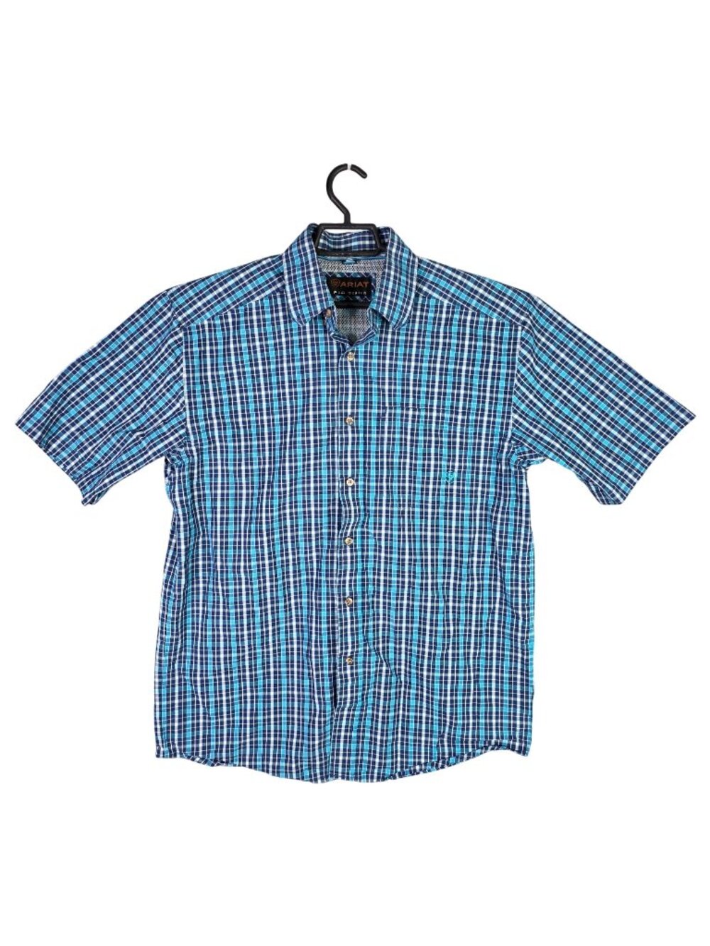 Mens Ariat Pro Series Blue White Plaid Button Up Shirt Short Sleeve Size M